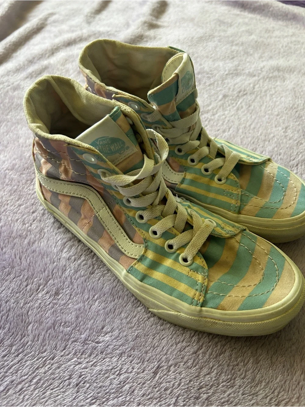 Vans High-Top Sneakers in Yellow and Mint Green Striped Canvas
